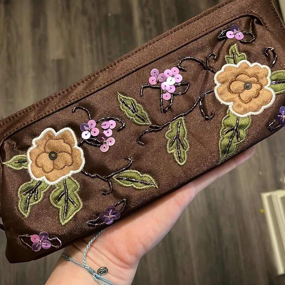 Brown Floral Embroidered Clutch Bag